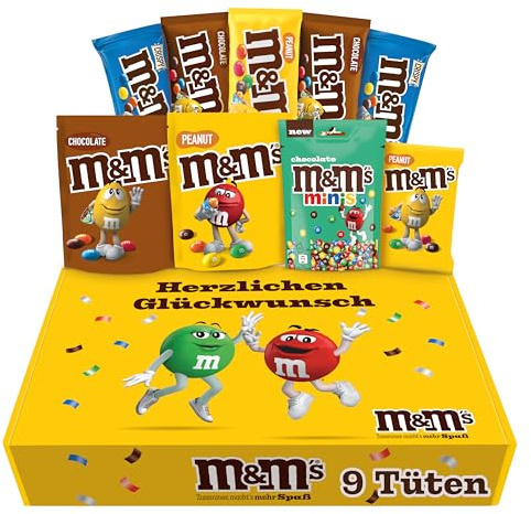 M&M'S Herzlichen Glückwunsch Snack Mix I Peanut, Crispy, Schokolade, Chocolate Minis I 4 Sorten I 9 Packungen I 724 g I Geschenkbox mit Süßigkeiten