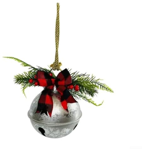DAZZLEEX Adorno de cascabel de Navidad de metal de 15 cm con bayas de acebo y lazo a cuadros para árbol, puerta o decoración festiva del hogar, campana colgante de sonido transparente en blanco