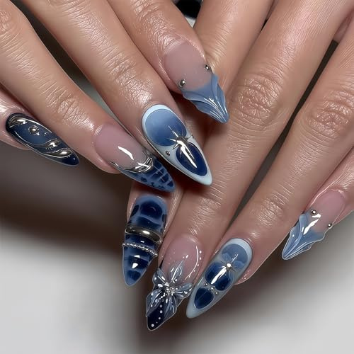 Bubaxuce Falsche Nägel Französische Spitze Mittlere Fingernägel mit 3D Blumen Design Blaue Frühlings Nagel Aufkleber Glitzernde Künstliche Nägel für Frauen 24
