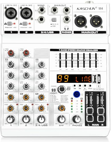 4 Channel Audio Mixer with Bluetooth, USB Audio Interface Sound Mixer Board, 99 DSP Effects, 7-Band EQ, 48V Phantom Power for Podcast, Live Streaming, DJ, Karaoke, PC Recording