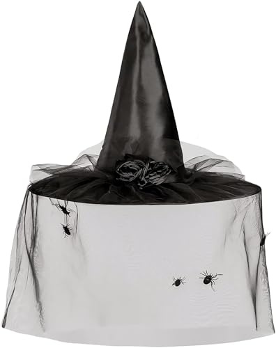 Boland - Hexenhut Esmeralda mit Schleier und Spinne | Hut für Kostüm Hexe, Karneval, Mottoparty und Halloween, Märchen, Zauberer
