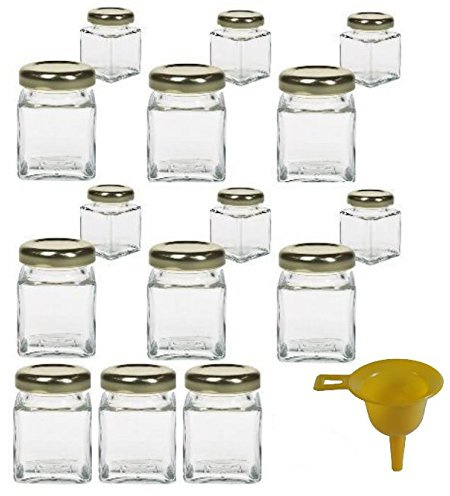 Viva Haushaltswaren G1140050/15T/X - Mini-vasetti per marmellata, 15 Pezzi, capacità: 50 ml, Imbuto Incluso, Colore Imbuto: Giallo