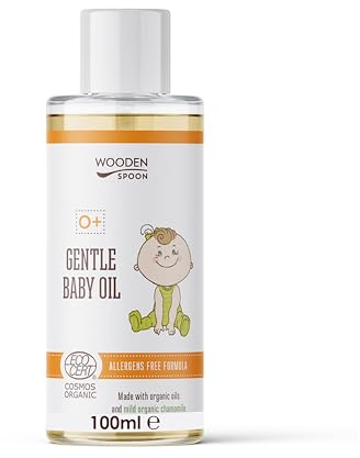 Wooden Spoon Huile Bébé Douce Bio – 100% Naturelle, Hypoallergénique, Huiles d’Amande, Abricot, Macadamia, Camomille & Vitamine E, Absorption Rapide, Nouveau-nés – 100 ml