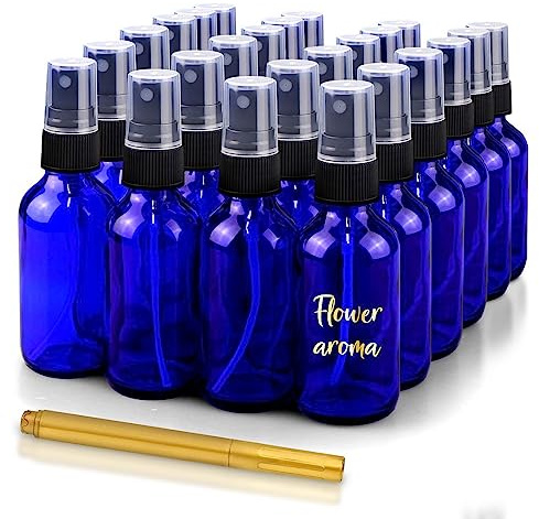 Culinaire 24 Pack Of 2 Oz Blue Glass Bottles With Spray Tops And Gold Glass Pen