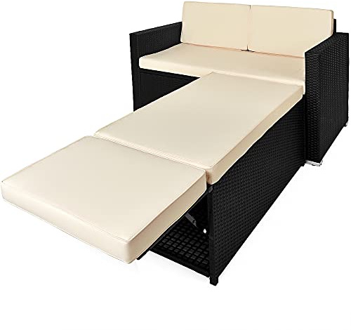 Casaria Divano Lounge 2 Posti Divanetto Nero con Cuscini Panna Pouf Mobile Chaise Longue Mobili Balcone