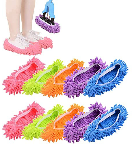 MINGZE 10 Stück (5 Paar) Staubtuch Mopp Hausschuhe Schuhe Abdeckung, Staubmopp Wischmop Bodenreiniger, Staub Reiniger Wiederverwendbar Mikrofaser Fuß Socken Fußboden Staub Schmutz Haar Reiniger