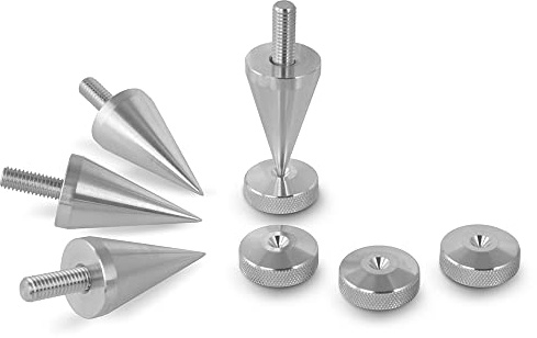 PrecisionGeek – M6-högtalarspikar och dynor stora aluminiumspikar med räfflade dynor, uppsättning av 4+4 – HiFi-isoleringsfötter och vibrationsdämpare för högtalare, HiFi-stativ, förstärkare, skåp och