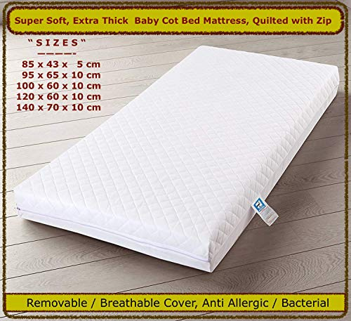Am Baby Cot Bed Mattress with Quilted Removable Washable Cover 140 x 70 x 5 cm, HQ Foam Extra Thick & Super Soft Quality - Made in UK
