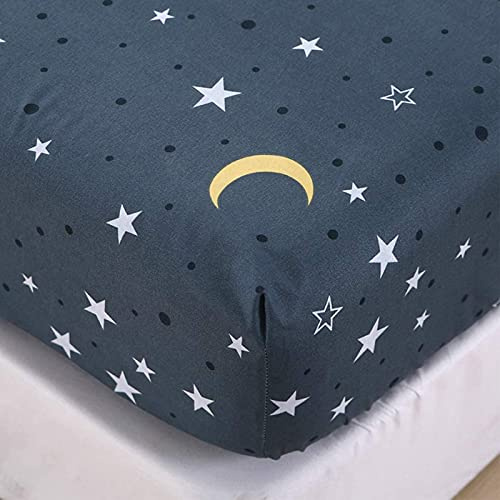 Chickwino Spannbettlaken 90x200cm Kinder Matratzenschoner, Blauer Stern Mond Galaxis Bettlaken für Einzelbett Boxspringbett - 100% Mikrofaser Spannbetttuch Geeignet für bis 25-30 cm Matraze