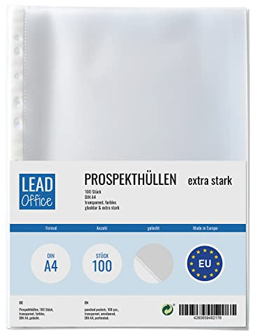 100 (2) transparent DIN A4, broschyrblad maskerade, färglös klarhets-folie för att skydda papper och dokument, Plastfickor, kuvert för A4-mappar
