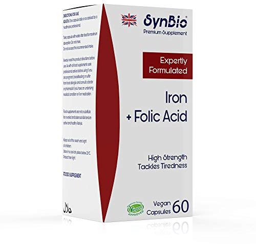 SynBio Premium - Iron + Folic Capsules | VEGAN Certified | Tackles Tiredness & Supports General Health | Halal | Kosher | Gelatin Free | Sugar Free | Salt Free | SOYA Free | Made in The UK