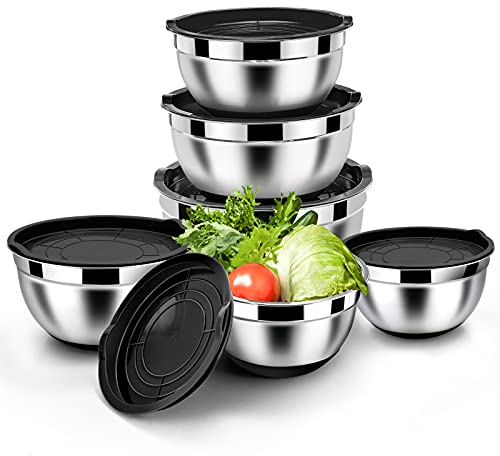 Homikit Rührschüssel Set, 6 Stück Edelstahl Schwarz Schüssel Salatschüssel Set mit Luftdichtem Deckel & Silikonboden, Stapelbar, Spülmaschinenfest, 4.6L/2.8L/2.5L/1.6L/1.2L/0.7L