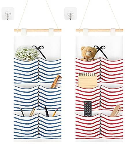 2pcs Bolsa Almacenamiento Colgante Pared y 2 Ganchos Organizador Colgante de Puerta con 6 Bolsillos Organizador Colgante de Tela Impermeable para Armario Baño Dormitorio Cocina (Rojo y Azul)