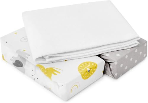 FlyIdeas 3-teiliges Spannbettlaken-Set – 2 Spannbettlaken aus 100% Baumwolle & 1 wasserdichter Matratzenschoner – Atmungsaktiv & Hypoallergen (Baby Animals, 120x60 cm)