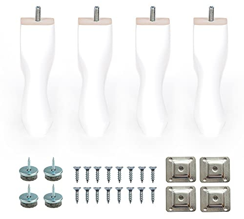 Britwood 8’’ Wooden Queen Anne Furniture Replacement Legs Colours M8 Thread Level Mounting Plates Protective Felt Pads Set Of 4 Legs For Sofa Cabinet Footstool Chair Bed Ottoman 20 CM [OZGA] (White)