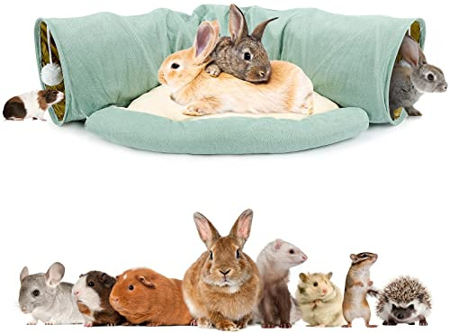 BWOGUE Bunny Tunnel Bed, 2-in-1 Collapsible Tunnel Tubes Toys with Removable Mat Hideout for Cats Kittens Rabbits Guinea Pigs Kitty