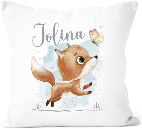 SpecialMe® Kissen-Bezug Kinder Tiermotive Bär, Hase, Fuchs mit Namen Namenskissen Kinder Baby personalisierte Geschenke Weiss Standard