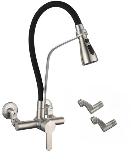SJQKA Wasserhahn Küche Wandmontage Schwarz,180° Drehbar Silikon In Lebensmittelqualität Wand Küchenarmatur Wandarmatur Flexibel Ausziehbarer, Spültischarmatur Für Küche,304 Edelstahlmaterial