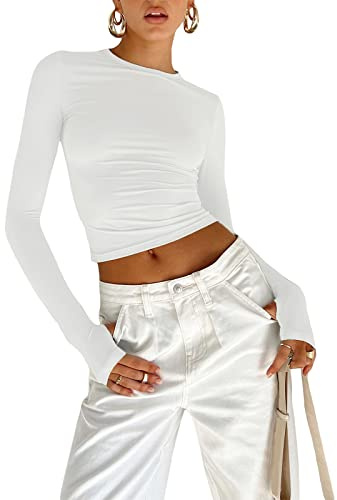 Women's Basic Long Sleeve Slim Fit Crop T Shirt Top Y2K Tops TikTok Crop Top Club Party E-Girls Streetwear(White-b, S)