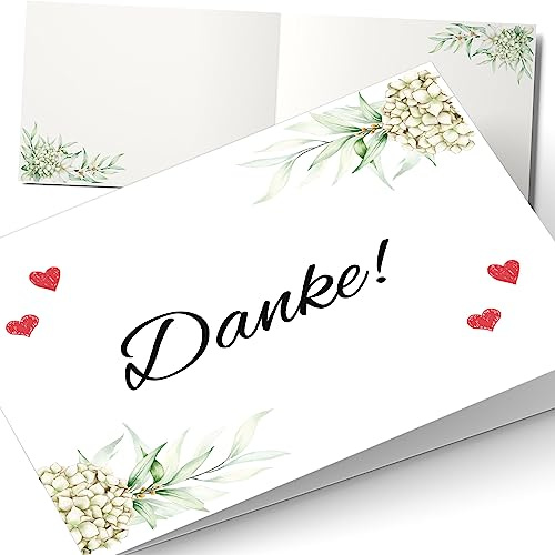 10 Dankeskarten zur Hochzeit, Taufe, Konfirmation Klappkarte A6 ohne Umschläge - Danke für Gäste - Boho-Design: Hortensie