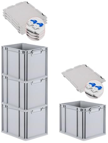 PROREGAL SuperSparSet 4x Eurobox NextGen Economy mit Scharnierdeckel & blauen Verschlüssen | Griffe geschlossen | HxBxT 32x30x40cm | 30 Liter | Eurobehälter Transportbox Transportbehälter