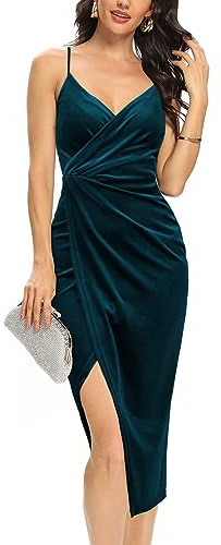 Missufe - Abito da donna midi, abito da cocktail, abito avvolgente, abito estivo, abito da festa, elegante, bodycon, da matrimonio, abito da sera, abito a spalline sottili, Blu pavone, M
