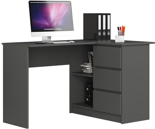 AKORD Eckschreibtisch B16 mit Regal 124 cm | 3 Schubladen Links | Schreibtisch | Ecktisch | Eck Schreibtisch | für Home | für Office | B124 x H77 x T85 cm | Gewicht 41,40 kg | Graphitgrau