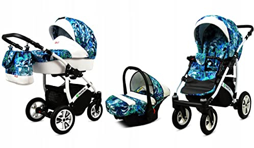 BabyLux® Kinderwagen Set 3 in 1 - Tropical - incl. Babywanne, Buggy Sportsitz, Auto-Babyschale - Autositz - Kinderwagenset - Kombikinderwagen mit Wickeltasche, Regenschutz usw.