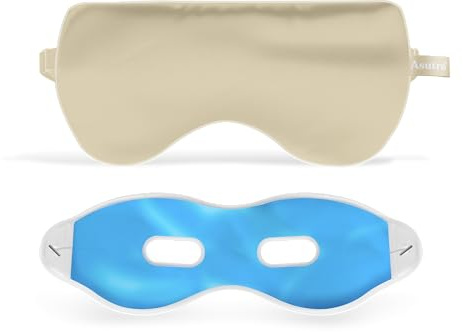 ASUTRA Silk Eye Pillow for Sleep, Champagne - Filled w/Lavender Buds & Flax Seeds, Weighted Eye Mask, Meditation & Light Blocking Blindfold, Cooling Gel Mask Included
