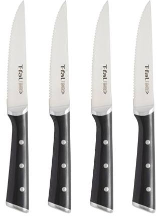 T-Fal Ice Force German Stainless Steel Steak Knife Set 4 Piece, Long Lasting Sharpness, High Cutting Precision, Superior Durability, Ultra Sharp Blades, Cookware Kitchen Knife, Cook Tool, BBQ, Black‌