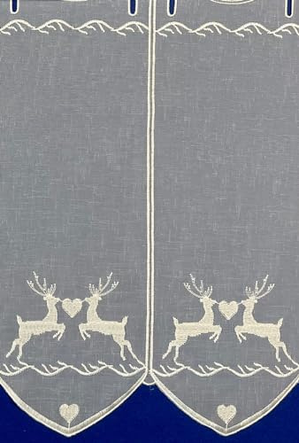 Hans-Textil-Shop Scheibengardine Doppel Hirsch Herz Creme Stick - 1 Meter, Landhaus, Tiere, Fenster, Vorhang, Lichtdurchlässig, Deko