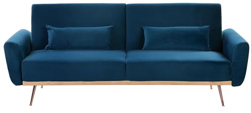 Beliani 3-Sitzer Schlafsofa Samt blau mit Kissen hohe Metallbeine Kupfer Retro-Stil Eina