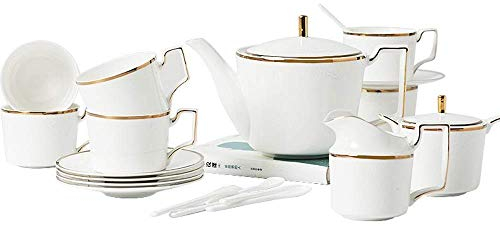asdchZen Set da tè in porcellana Bone China, tazze e piattini in ceramica per matrimonio, sei cucchiaini da tè per uso domestico, 21 tazze da caffè inglese, set da tè retrò europeo (bianco, 21 pezzi)