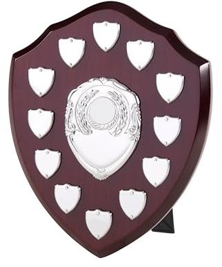 SilverTrophy: 10in 12 Years Presentation Annual Award Perpetual Wood Shield & Fronts with Stand, Schools, Events, Prize Giving's, Gifts, Winners, Runner's Up, Annual Shield, Plaque