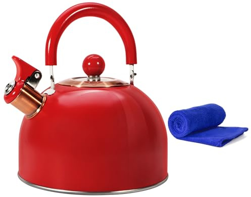 Foedo Tea Kettle,Whistling Tea Kettle Stovetop 2.6 Quart, Tea Pots for Stove Top Food Grade Stainless Steel,Wood Pattern Handle,Christmas Gift(Red),With Anti Scald Towel