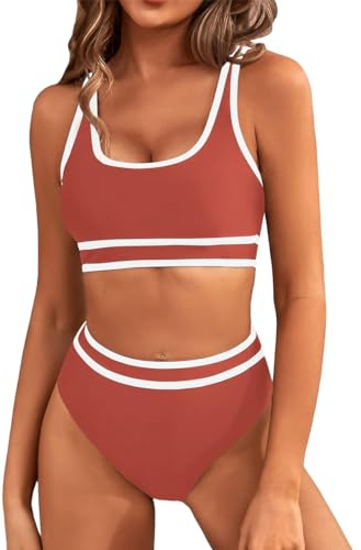 Yeenily Damen Badeanzug Zweiteiler Sport Bikini Set Sexy High Waist Bademode Triangel Bustier Push Up Strand Tankini Bauchweg Brazilian Swimsuit (Jujube Rot, S)