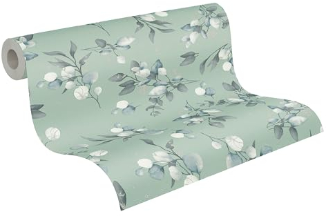 A.S. Création Pure Elegance Vliestapete mit floralem Muster 0,53 x 10,05 m – Grün, Grau, Blau - Tapete mit Blättermotiv Made in Germany - 397687