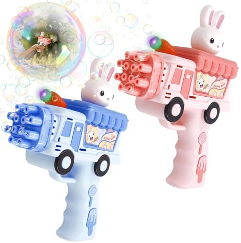 Máquina de burbujas de jabón de conejo de 12 agujeros para niños con luces LED, máquina de espuma de burbujas para niños para interiores y exteriores, juguete de verano/fiesta de huevo de