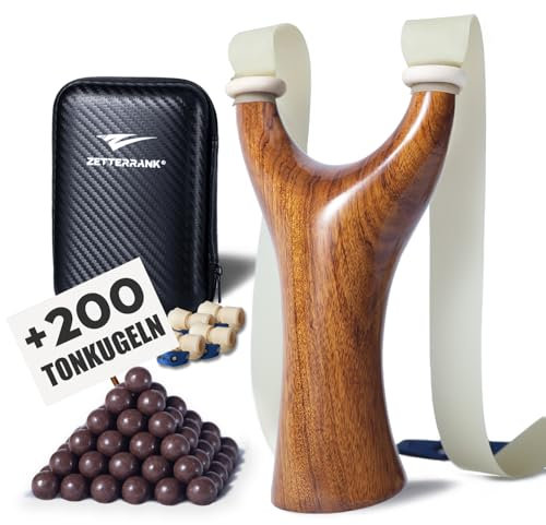 Wüsteneisenholz Zwille Steinschleuder Bundle Set,Holz Slingshot Schleuder mit Gummiband,Einfache Gummiband-Anbindung,Zwille für Erwachsene mit Ersatzgummi und Tonkugeln. (Glatt, Wüsteneisenholz)