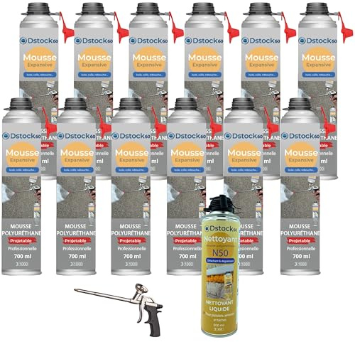 DSTOCK60 – Pack de 12 mousses expansives polyuréthanes projetables 700 ml + 1 pistolet + 1 nettoyant mousse - compatible multi-surfaces - application facile et rapide