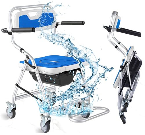 Joyfitness Sedia da Toilette da Comodino Pieghevole per Doccia, Sedia a rotelle, con Ruote, Sedia da Doccia con rotelle, Sedia da Comodino Mobile per WC con 4 Ruote