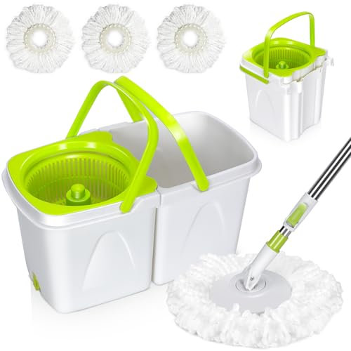MASTERTOP Drehmopp-Reinigungssystem, Mopp und Eimer mit Auswringer-Set für Bodenreinigung, separates sauberes und schmutziges Wasser, kleiner drehender Mopp mit 3 waschbaren Mikrofaser-Mopp-Pads