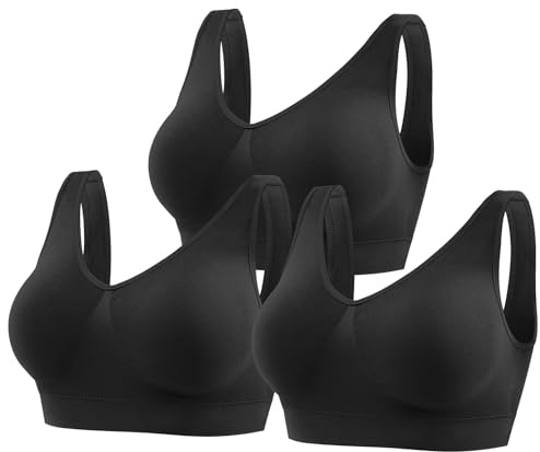 YUTYTH Comfort Bra Women Sports Bras, Wirefree Crop Top for with Removable Pads for Women Sleep Yoga Daily Wear(Black with 3 Pack-XL)