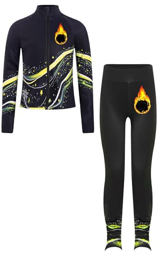 Eandarui Abbigliamento da pattinaggio artistico per bambini e ragazze, tuta termica a maniche lunghe, giacca sportiva a blocchi di colore, cappotto patchwork, con pantaloni elasticizzati, Giallo