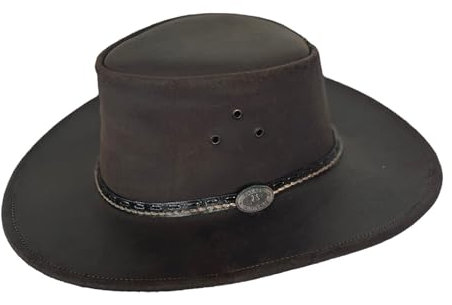 Outbacker Cowboy Leder-Hut für Damen und Herren in braun und schwarz Farbe braun, Größe XXL I 62-63 cm