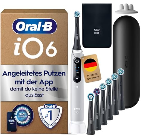 Oral-B iO Series 6 Elektrische Zahnbürste Grau PLUS Ausgewählte Original Oral-B iO Aufsteckbürsten Schwarz 7x