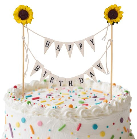 Gosknor Happy Birthday Flag Banner Cake Topper, Handmade Pennant & Sunflower Garland Birthday Cake Flag Decoration for Party Decorations Supplies