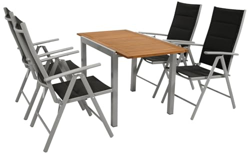 DEGAMO Gartengarnitur Vail 5-teilig, 4X Hochlehner Klappsessel Silbergrau und 1x Ausziehtisch Aluminium mit Tischplatte Akazie 80/120x70cm, Outdoor