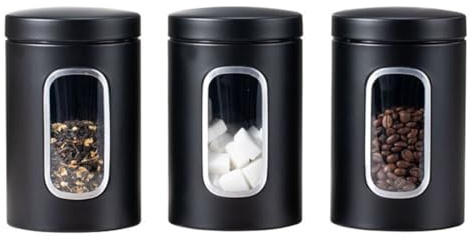 Buwico Tee Kaffee Zucker Behälter Set, 3 Pack Edelstahl Küchenbehälter mit sichtbarem Fenster, luftdichte Aufbewahrung für Kaffee, Tee, Kekse & Trockenfutter (schwarz)