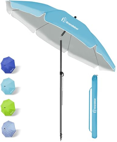 Grandekor Parasol de Plage, Parasol de Jardin Exterieur, UV50+, Ombrelle réglable en Hauteur et Inclinaison, avec Ancre de Plage de 12cm, pour Plage, Balcon & terrasse, 180cm, Bleu Ciel